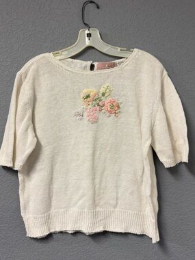 Classic Directions Cream Knit Sweater with Pink & Green Floral Embroidery